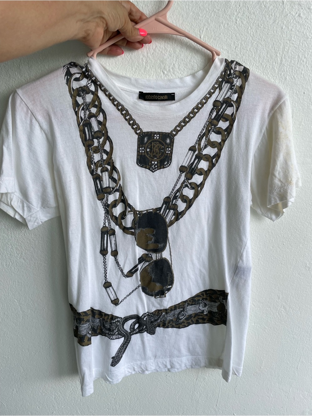 Roberto Cavalli White Tee with Gold and Black Chain-Print Necklace VINTAGE - Picture 2 of 8